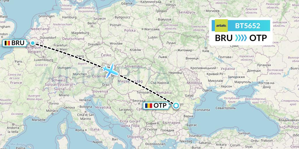 BT5652 Air Baltic Flight Map: Brussels to Bucharest