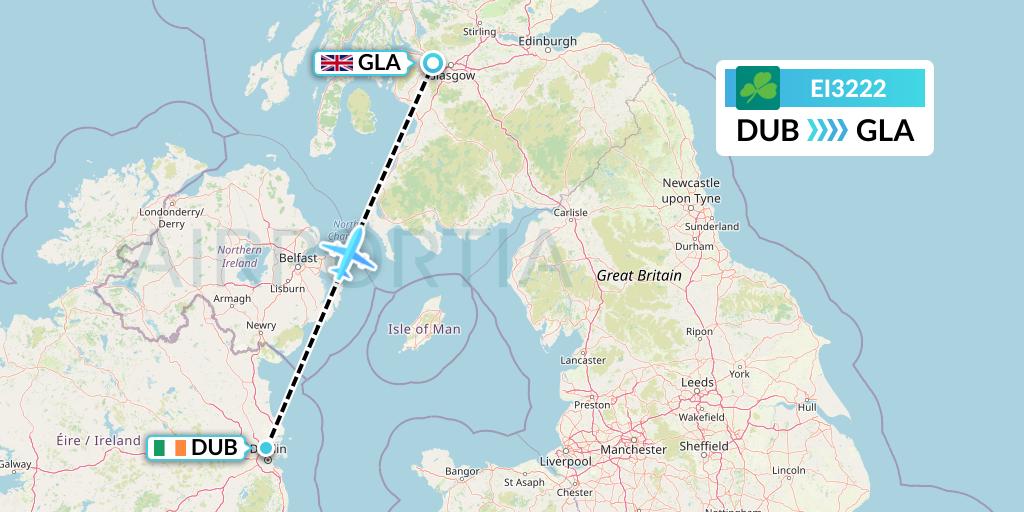 EI3222 Aer Lingus Flight Map: Dublin to Glasgow