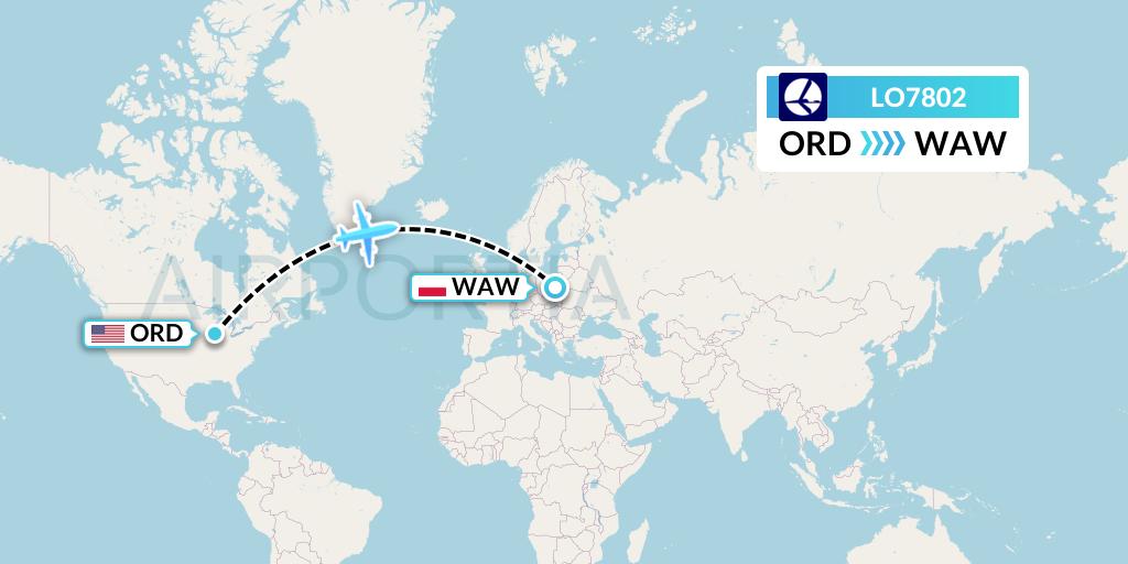 LO7802 LOT Flight Map: Chicago to Warsaw