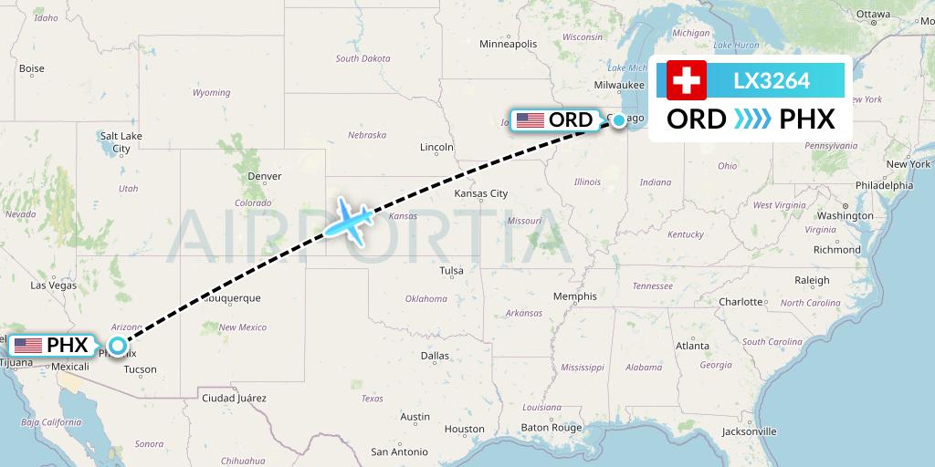 LX3264 Swiss Flight Map: Chicago to Phoenix