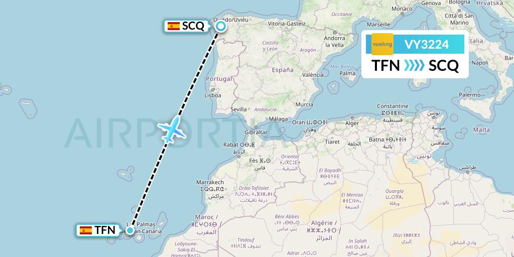 VY3224 Vueling Flight Map: Tenerife to Santiago