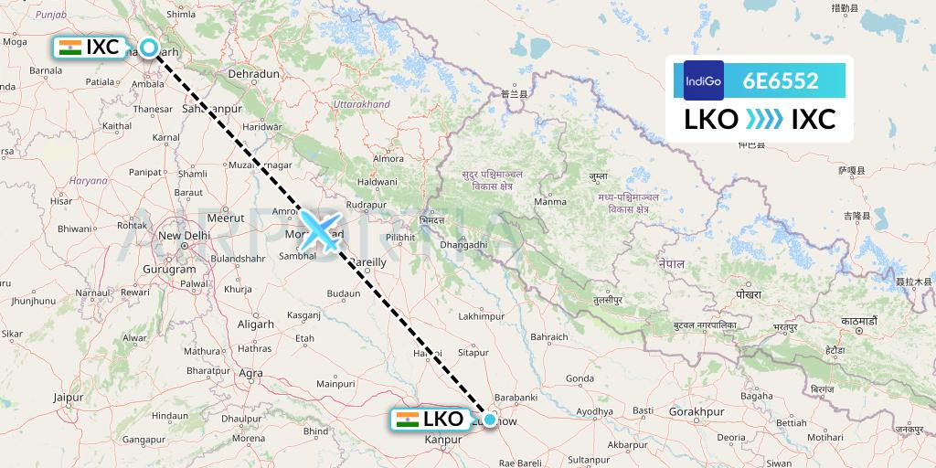6E6552 IndiGo Airlines Flight Map: Lucknow to Chandigarh