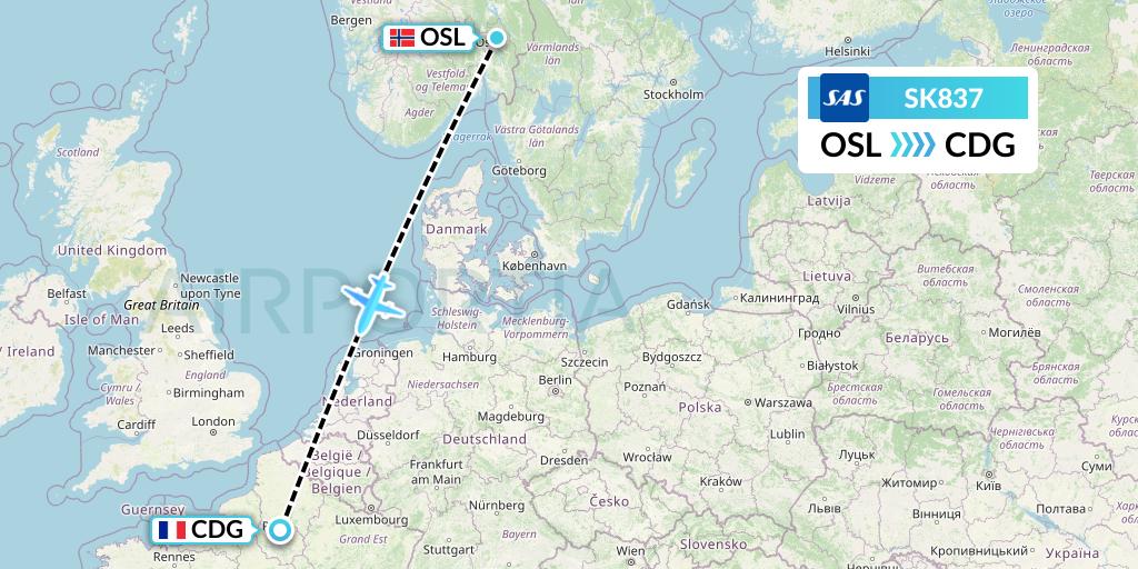 SK837 SAS Flight Map: Oslo to Paris