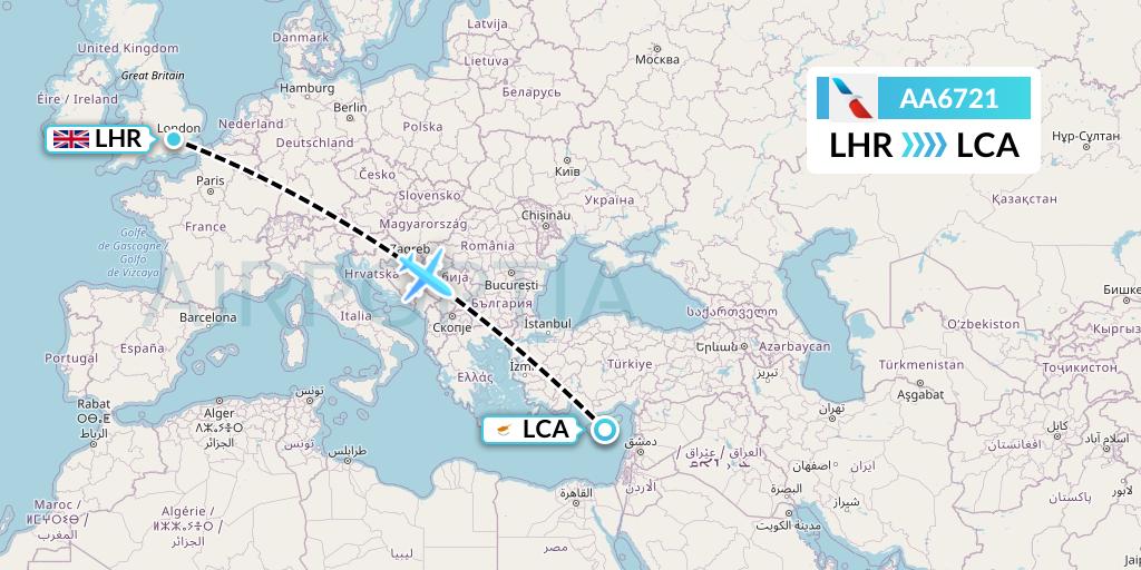 AA6721 American Airlines Flight Map: London to Larnaca