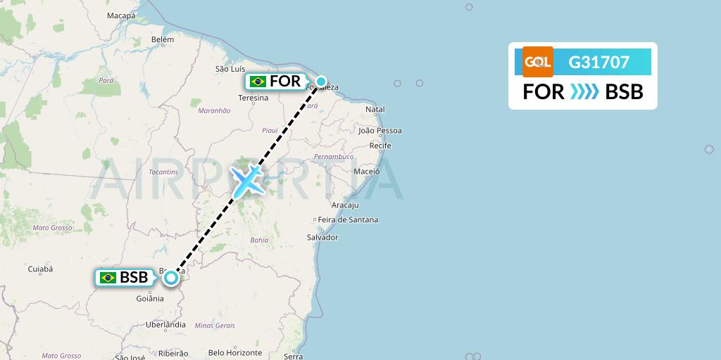 G31707 GOL Transportes Aeros Flight Map: Fortaleza to Brasilia