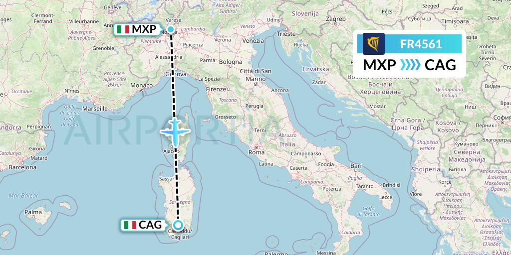 FR4561 Ryanair Flight Map: Milan to Cagliari