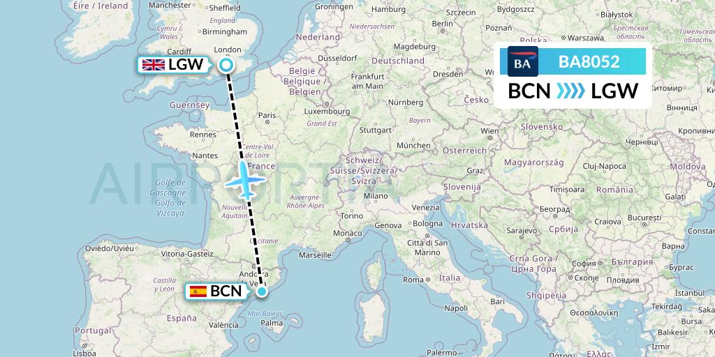 BA8052 British Airways Flight Map: Barcelona to London
