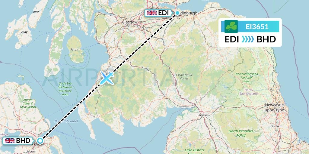 EI3651 Aer Lingus Flight Map: Edinburgh to Belfast