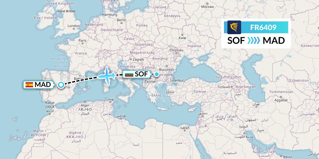 FR6409 Ryanair Flight Map: Sofia to Madrid