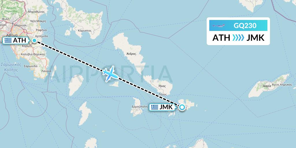 GQ230 Sky Express (Greece) Flight Map: Athens to Mykonos