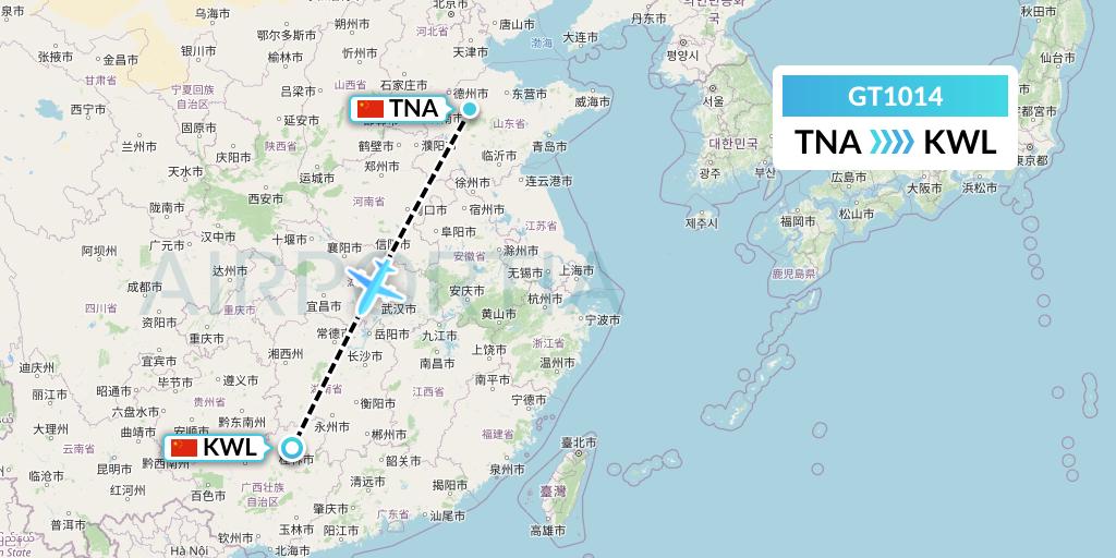 GT1014 Air Guilin Flight Map: Jinan to Guilin