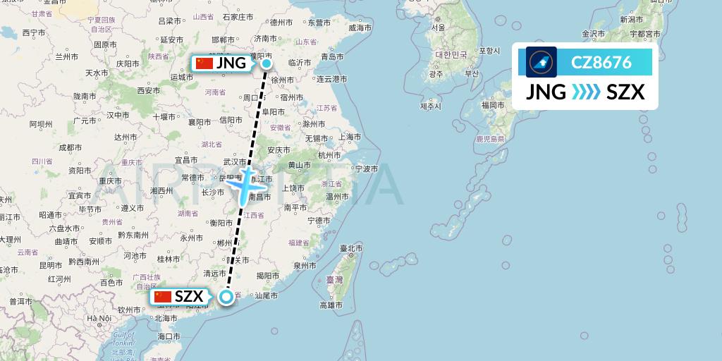 CZ8676 China Southern Airlines Flight Map: Jining to Shenzhen