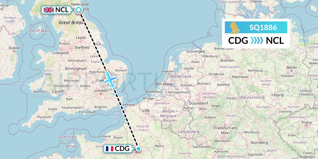 SQ1886 Singapore Airlines Flight Map: Paris to Newcastle