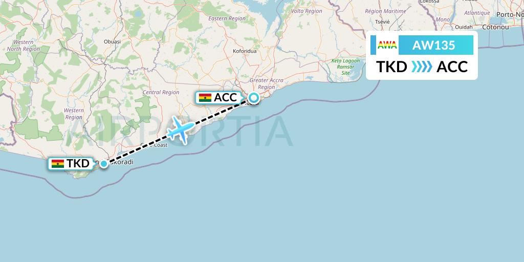 AW135 Africa World Airlines Flight Map: Takoradi to Accra