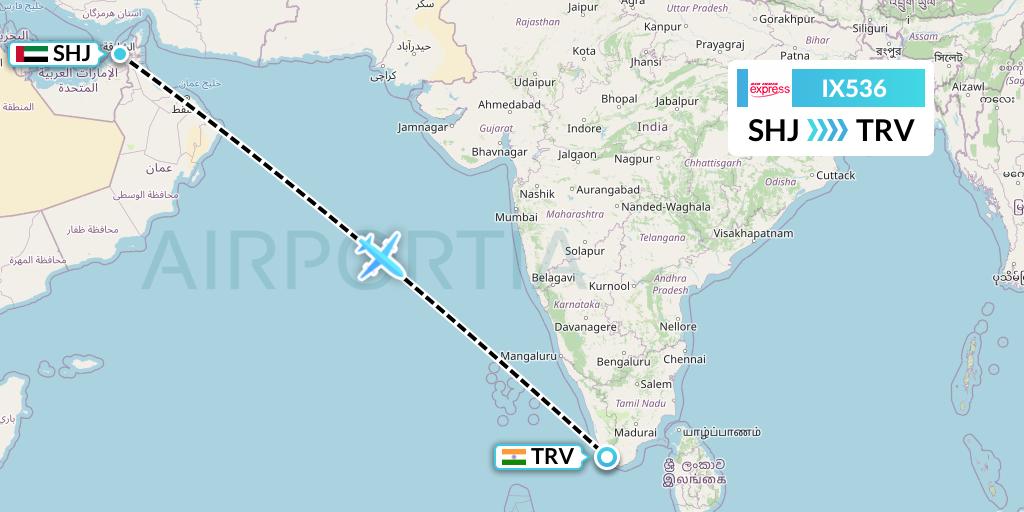 IX536 Air India Express Flight Map: Sharjah to Thiruvananthapuram