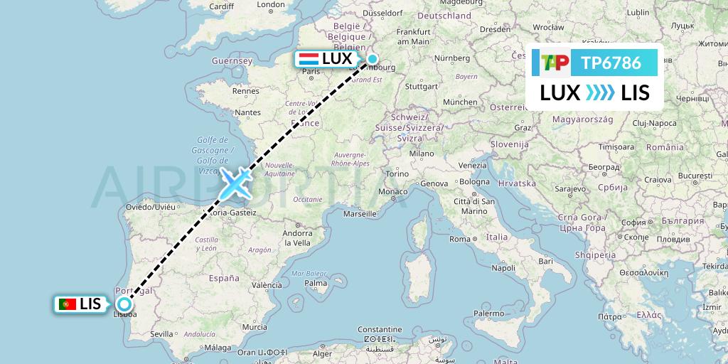 TP6786 TAP Portugal Flight Map: Luxembourg to Lisbon