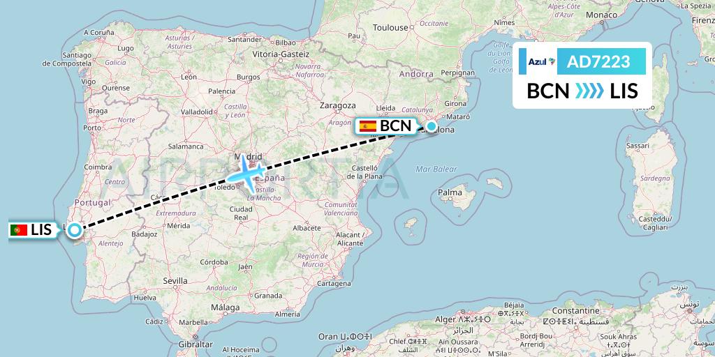 AD7223 Azul Brazilian Airlines Flight Map: Barcelona to Lisbon