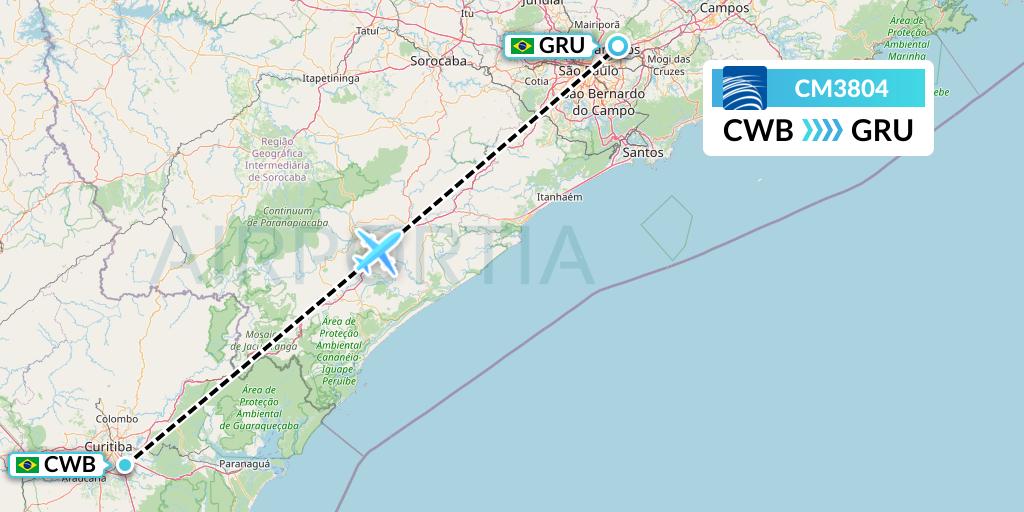 CM3804 Copa Airlines Flight Map: Curitiba to Sao Paulo