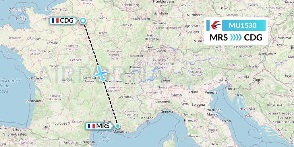 MU1530 China Eastern Airlines Flight Map: Marseille to Paris