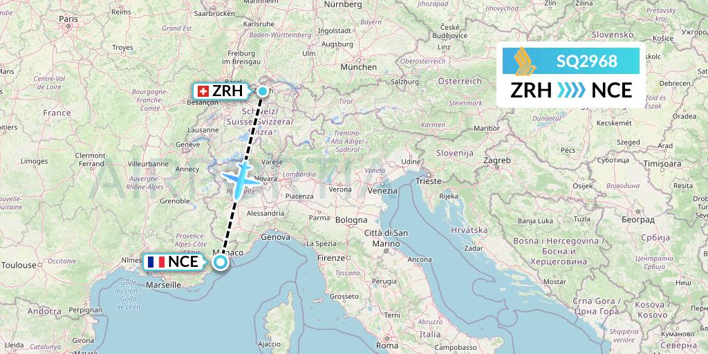 SQ2968 Singapore Airlines Flight Map: Zurich to Nice
