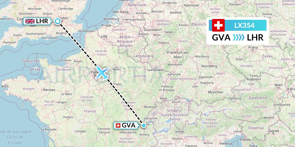 LX354 Swiss Flight Map: Geneva to London