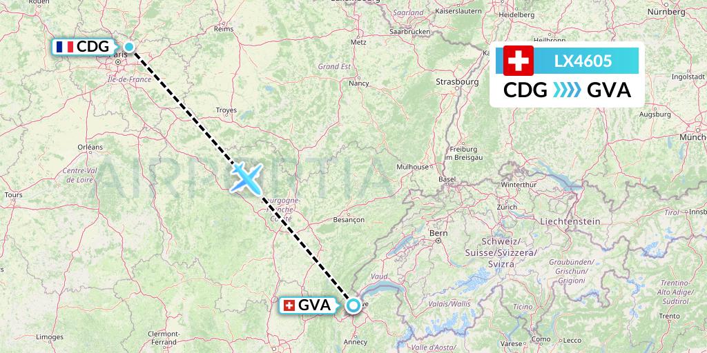 LX4605 Swiss Flight Map: Paris to Geneva