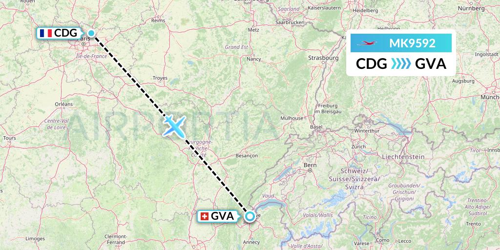 MK9592 Air Mauritius Flight Map: Paris to Geneva