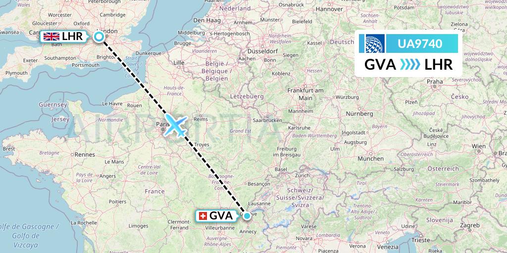 UA9740 United Airlines Flight Map: Geneva to London