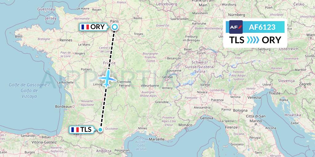 AF6123 Air France Flight Map: Toulouse to Paris
