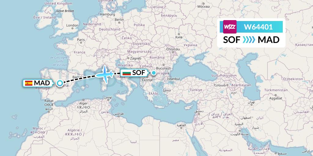 W64401 Wizz Air Flight Map: Sofia to Madrid