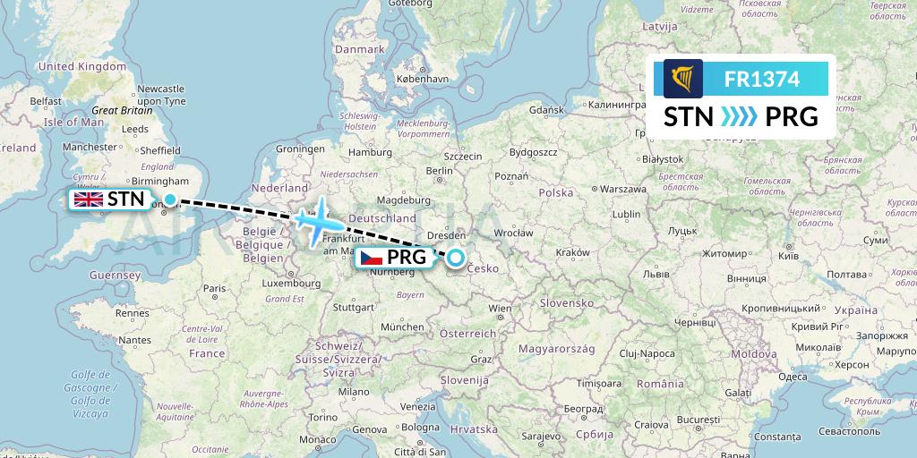 FR1374 Ryanair Flight Map: London to Prague