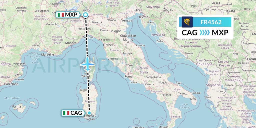 FR4562 Ryanair Flight Map: Cagliari to Milan
