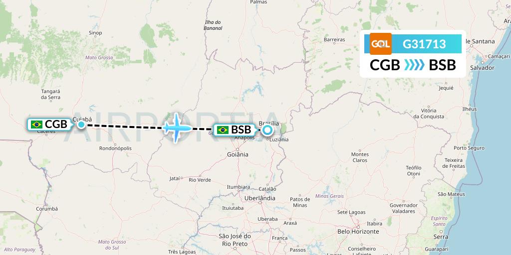 G31713 GOL Transportes Aeros Flight Map: Cuiaba to Brasilia