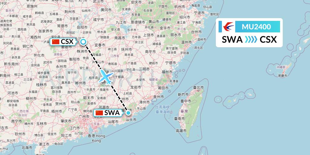 MU2400 China Eastern Airlines Flight Map: Jieyang to Changsha