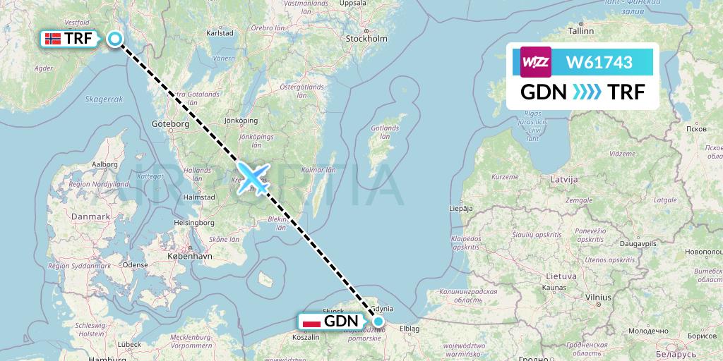 W61743 Wizz Air Flight Map: Gdansk to Oslo