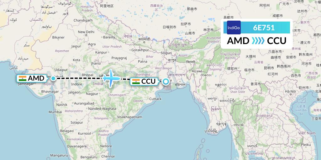 6E751 IndiGo Airlines Flight Map: Ahmedabad to Kolkata