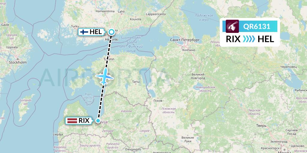 QR6131 Qatar Airways Flight Map: Riga to Helsinki