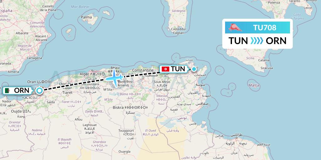 TU708 Tunisair Flight Map: Tunis to Oran