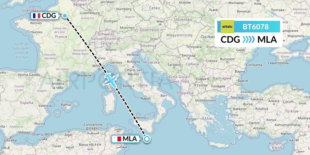 BT6078 Air Baltic Flight Map: Paris to Malta