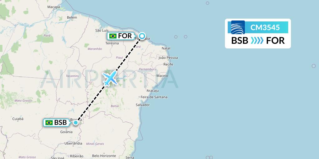 CM3545 Copa Airlines Flight Map: Brasilia to Fortaleza