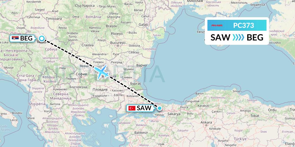 PC373 Pegasus Airlines Flight Map: Istanbul to Belgrade