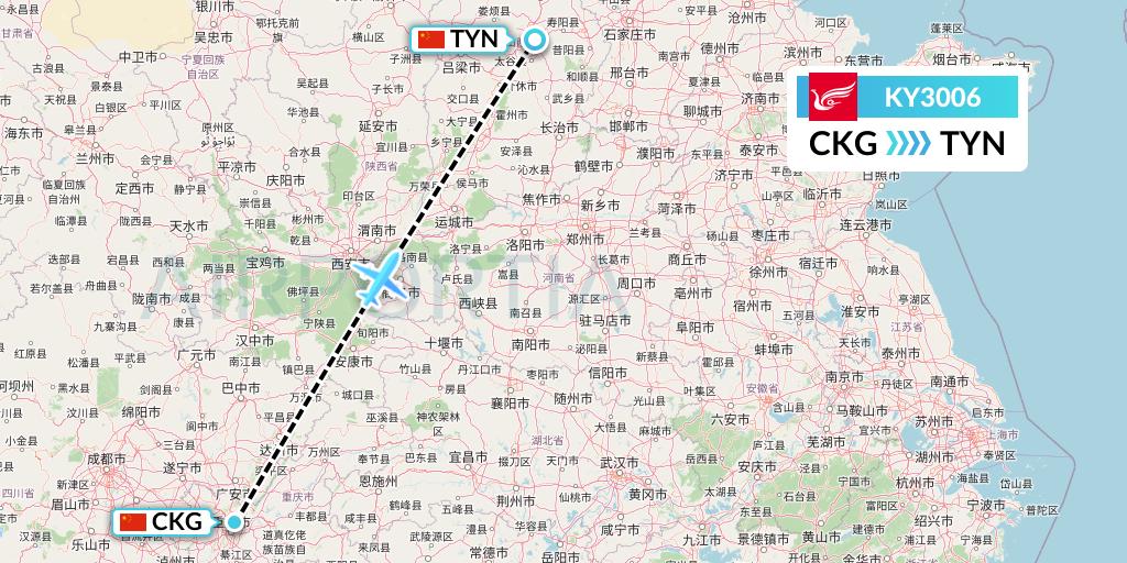 KY3006 Kunming Airlines Flight Map: Chongqing to Taiyuan