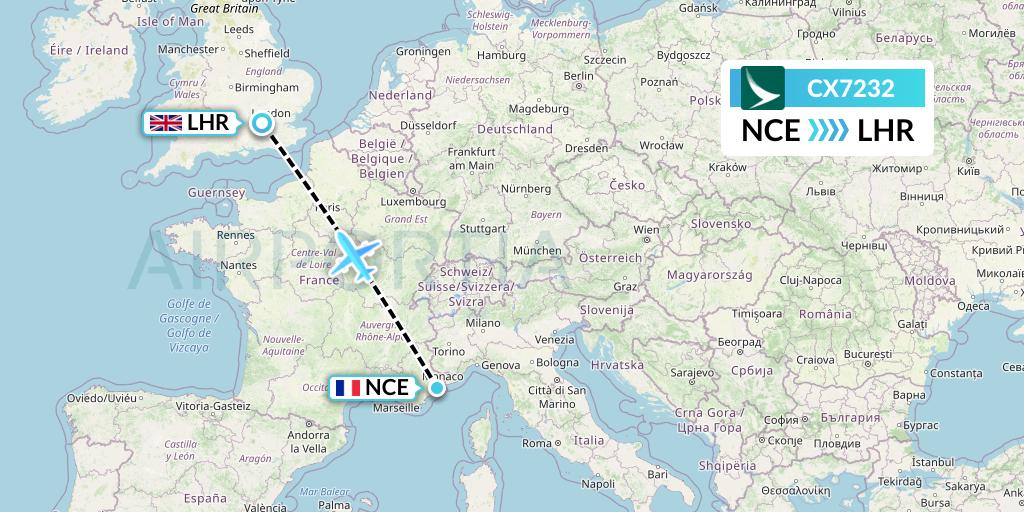 CX7232 Cathay Pacific Flight Map: Nice to London