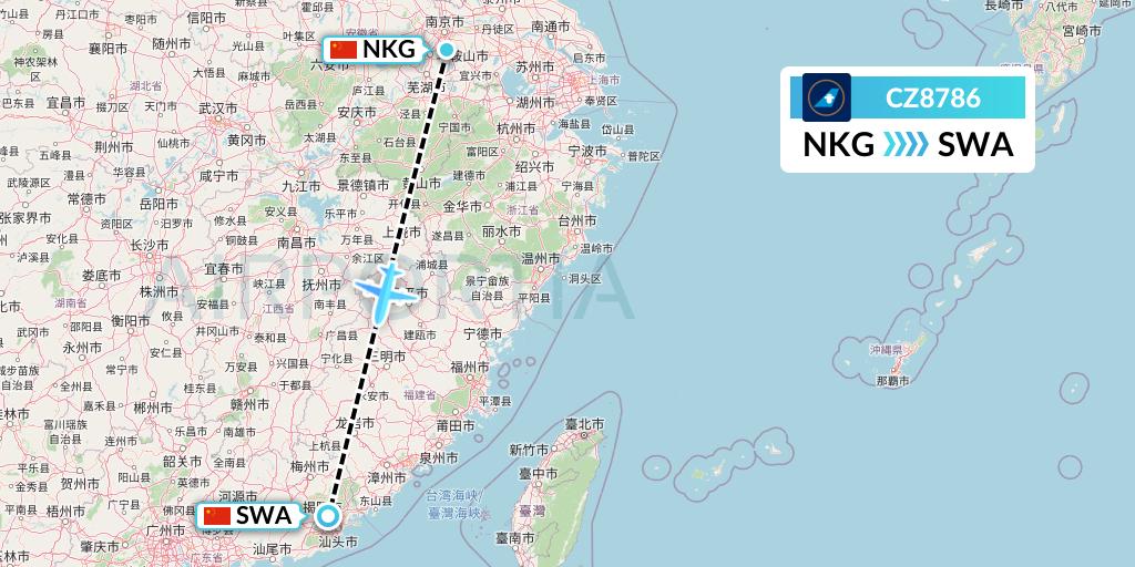 CZ8786 China Southern Airlines Flight Map: Nanjing to Jieyang