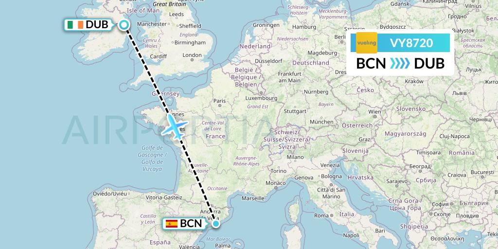 VY8720 Vueling Flight Map: Barcelona to Dublin