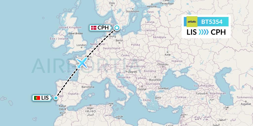 BT5354 Air Baltic Flight Map: Lisbon to Copenhagen