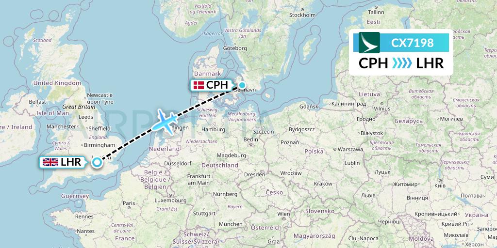 CX7198 Cathay Pacific Flight Map: Copenhagen to London