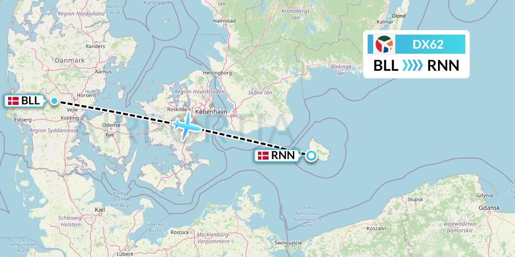 DX62 Danish Air Transport Flight Map: Billund to Ronne