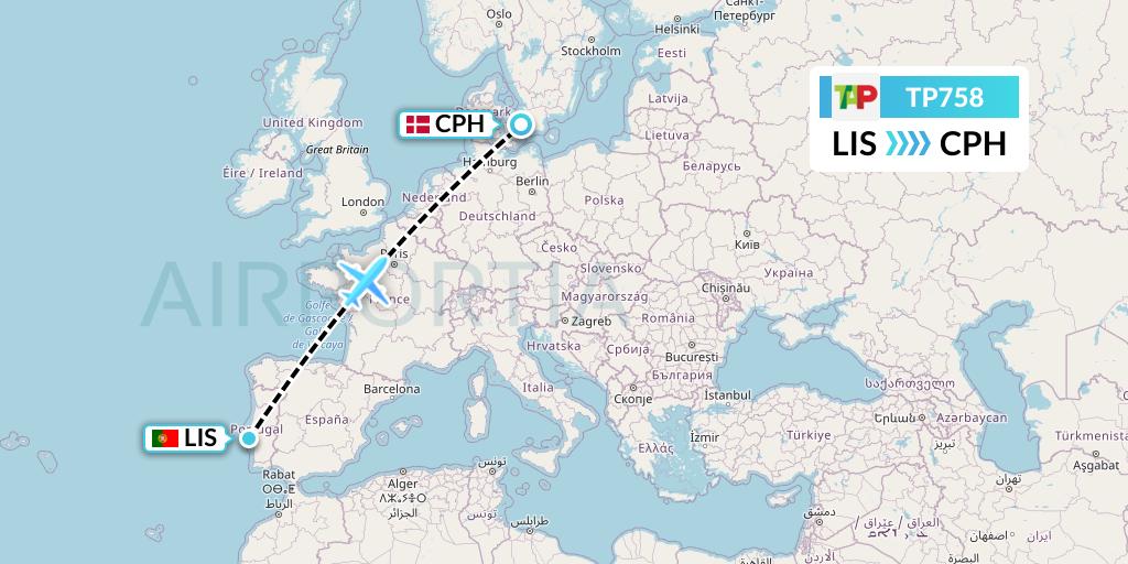 TP758 TAP Portugal Flight Map: Lisbon to Copenhagen