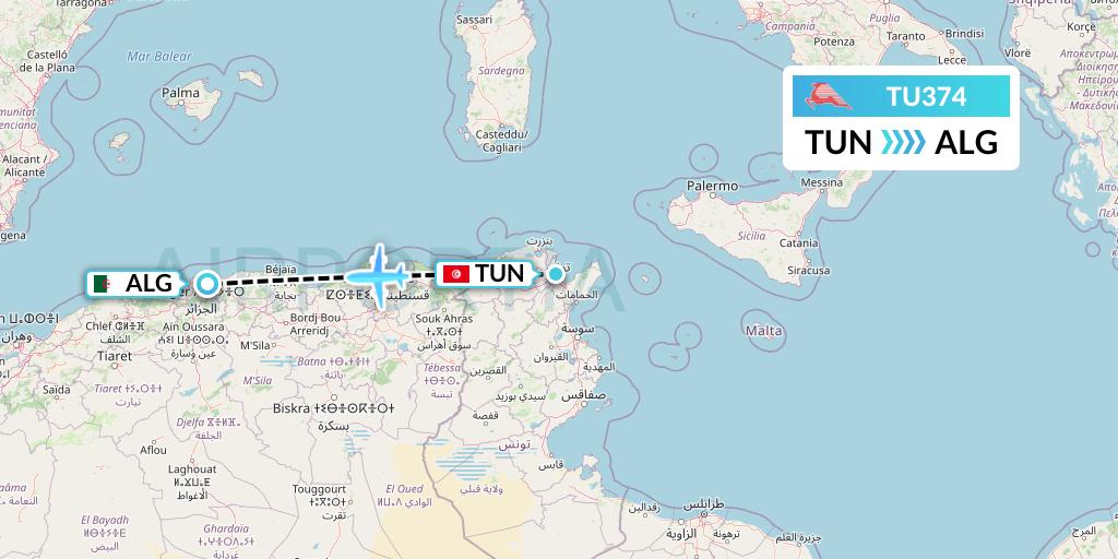 TU374 Tunisair Flight Map: Tunis to Algiers